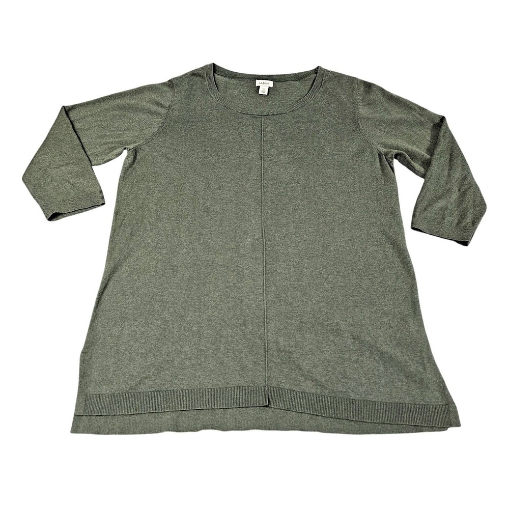 LL Bean Tunic Sweater XL Olive Green Split Hem Center Seam Minimalist 3/4 Sleeve